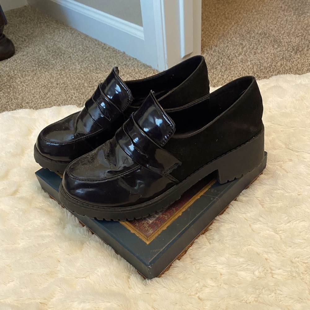 Velvet and Patent Leather Platform Loafers